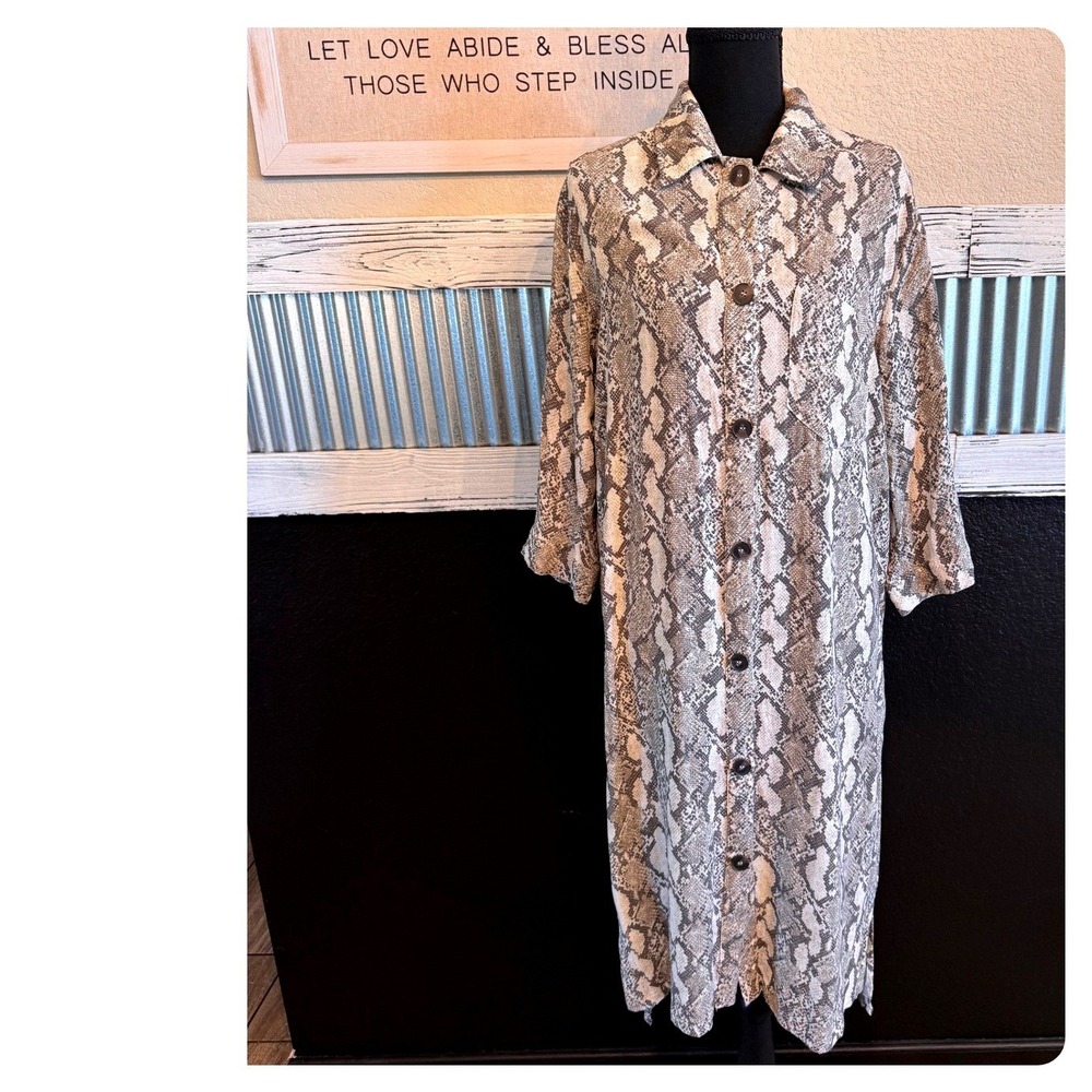 H&M Womens Size 10 Snakeskin Print Button Front Midi Shirt Dress Neutral